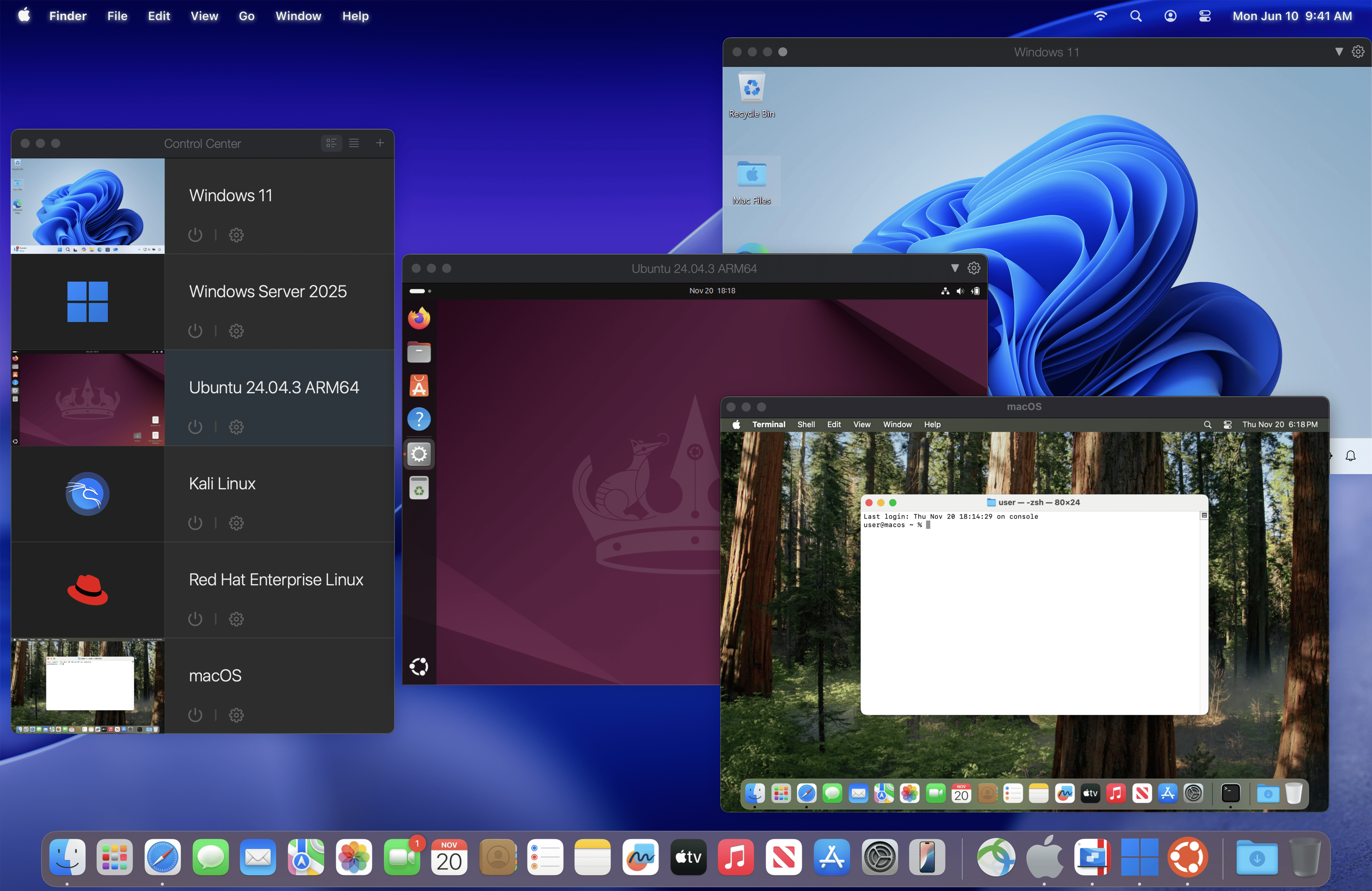 Parallels Desktop new VM wizard showing one-click Linux install options for Ubuntu and Fedora on Apple silicon
