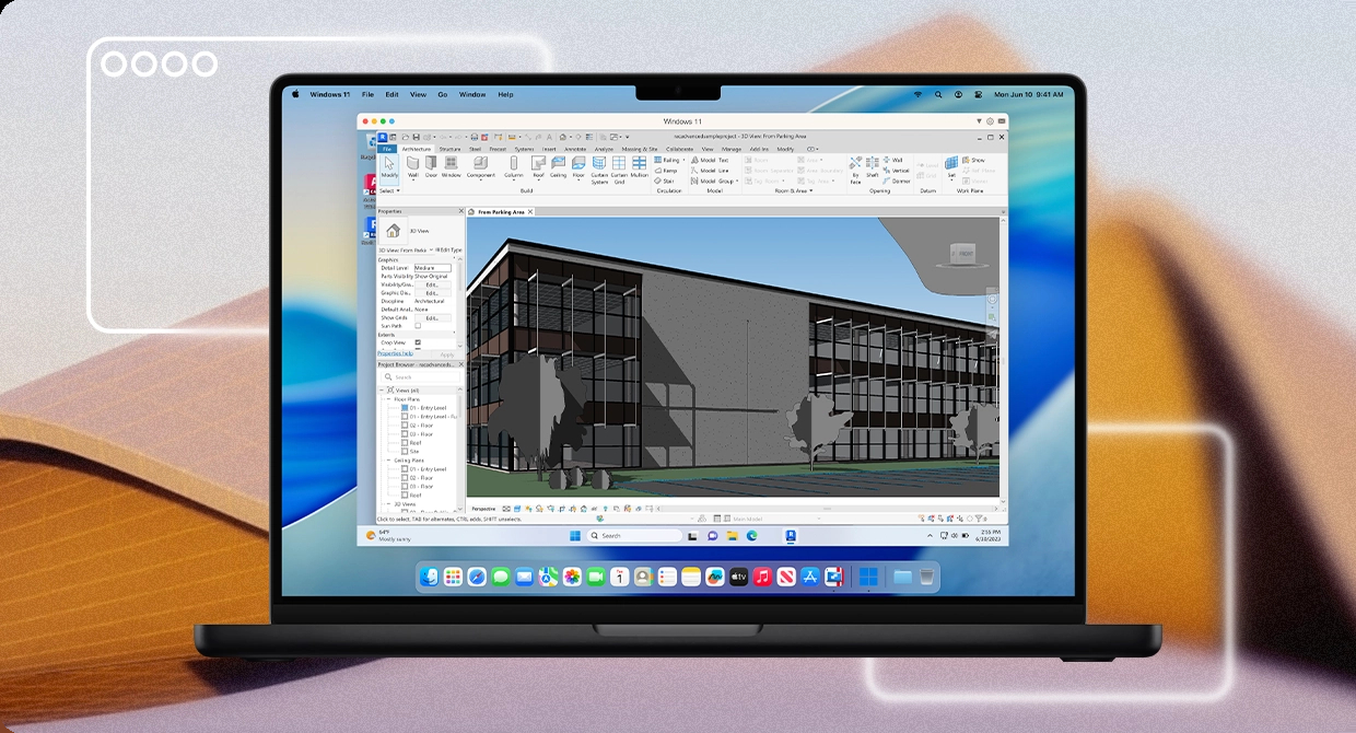 Autodesk Revit 2026 running inside a Windows 11 virtual machine on an Apple silicon Mac